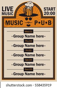 poster for the pub with live music with a hipster and a glass of beer