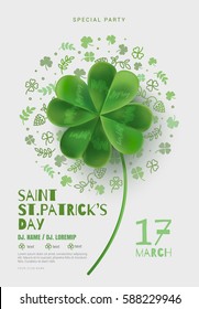 Poster in the pub on St Patrick's Day. A poster with a large four-sheeted clover can be used for a party or a concert. White background with room for text. Cover design template.