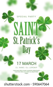 Poster in the pub on St Patrick's Day. The poster can be used for a party or a concert. White background with clover in 3D effect.