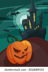 Poster with pumpkin head on background of castle. Halloween postcard design in cartoon style.