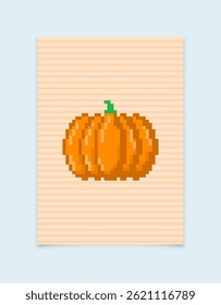 Poster with pumpkin on orange background. Pixel illustration