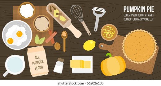 poster of pumpkin pie ingredients and utensils, such as lemon zest, all purpose flour, butter, spices, whisk, flat design vector