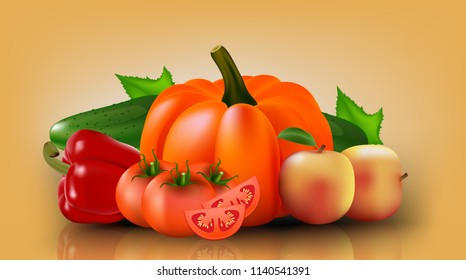 Poster with pumpkin, red tomatoes, pepper, cucumber, apple. Vector Illustration
