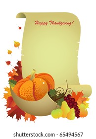 Poster with  pumpkin roll of papyrus,  bunch of grapes, pears, horn, amid leaves. Vector.