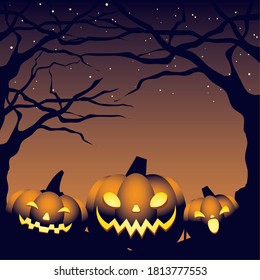 poster with pumpkins in dark halloween night vector illustration design