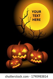 Poster with pumpkins and a full moon. Vector illustration on the theme of Halloween.