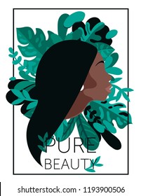 Poster for pure beauty with african american woman's profile and tropical leaves, vector illustration