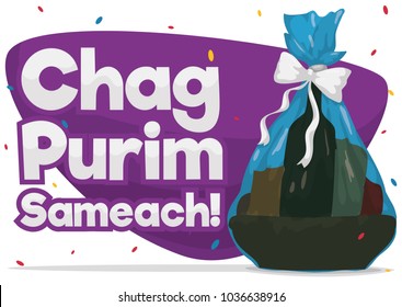 Poster with Purim basket with delicious snacks and drink under a confetti shower: a proof of the Jewish charity in Purim with good wishes in this season (or Chag Purim Sameach, in Hebrew).