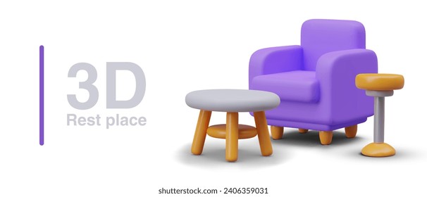 Poster with purple armchair and tea table near. Composition with different furniture for home. Models for online store. Vector illustration in 3d style