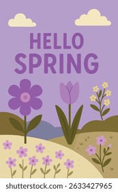 A poster with purple flowers and the words hello spring 