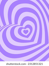 Poster with purple repeating rotating hearts in trendy retro 2000s design. Groovy psychedelic pattern in girly y2k style. Cute flat vector illustration in pastel colors.