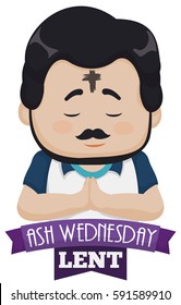 Poster with purple ribbon and bearded man with cross in his forehead praying on Ash Wednesday.