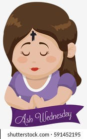 Poster with purple ribbon and little girl with ash cross in her forehead praying on Ash Wednesday.