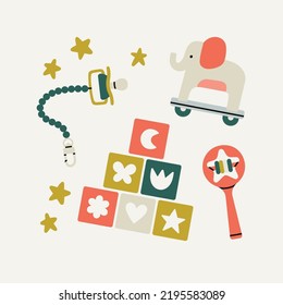 Poster with pyramid made of wooden cubes, elephant toy, beanbag, pacifier. Entertainment and developing activities for babies.
Cute unisex design. Scandinavian style. Hand drawn vector illustration.