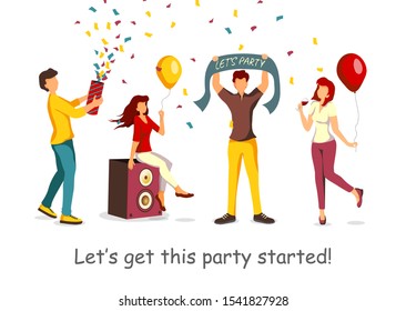 Poster with quote about party for New Year, Christmas, Birthday party, holiday, festival. Cheerful people celebrating a holiday. Vector illustration for poster, banner, flyer, card, placard.