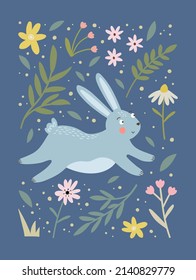 Poster with rabbit and floral elements. Cute bunny with leaves frame. Vector illustration 