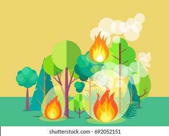 Poster of raging wildfire. Vector illustration of forest burning fiercely with bushes, trees aflame and a lot of smoke against light brown background