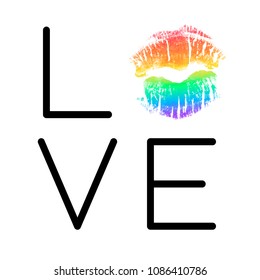 Poster with rainbow lipstick imprint. Black phrase Love and LGBT colorful lips kiss isolated on white background. Vector Decorative illustration for support card