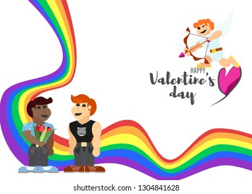 poster with a rainbow on the day of lovers with men and an angel Cupid
