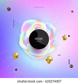 Poster with rainbow volumetric figures and memphis style elements. Abstract geometric  background. Template for posters, covers, banners, placards, flyers, presentations, magazines, books. Vector