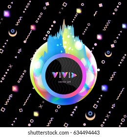 Poster with rainbow volumetric figures and memphis style elements. Abstract geometric vector background. Template for design posters, banners, flyers, covers, placards, magazines, books. Vector 