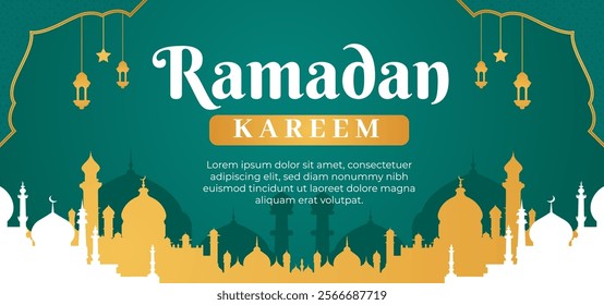 A poster for Ramadan Karamah with a blue background and gold accents