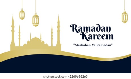 A poster for ramadan kareem with a blue background and a mosque in the background.