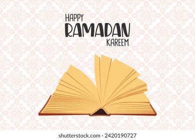 Poster of Ramadan Kareem with the book Quran. Islamic greeting card, holiday cover, banner template. Vector