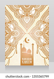 Poster for Ramadan Kareem, can be used for another muslim holidays or parties in arabian style, golden tracery on white background, vector illustration