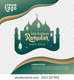 poster, Ramadan Kareem, Ramadan Mubarak, Marhaban Ya Ramadan 2024 with Islamic lanterns, crescent moon and stars suitable for invitations or greetings template in vector illustration design.