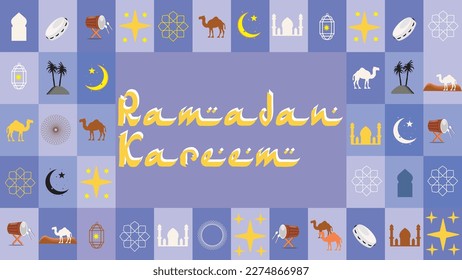 Poster Ramadan Kareem ,vector illustration, for greeting card or banner design , arabic islamic icon, camel , mosque, moon and stars, suitable  for background or wallpaper for ramadan