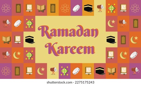 Poster Ramadan Kareem , Vektorgrafik, für Grußkarten oder Bannerdesign , arabische islamische Symbole, Kamel , Moschee, Mond und Sterne, geeignet für Hintergrund oder Tapete für das ramadan kareem