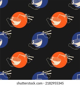 Poster with ramen in hands, seamless pattern. Template for Japanese restaurant. Advertising with oriental cuisine.