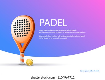 Paquetes de raquetas de póster: Ilustración vectorial de la bola de chaqueta y paleta sobre fondo azul y púrpura. Texto de ejemplo español "PADEL"