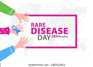 Poster for rare disease awareness day with hands and symbol ribbon, illustration.