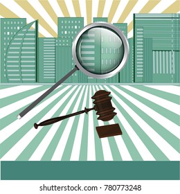 Poster for real estate agency - City, hammer, stand, magnifier, - light background - art creative modern vector illustration
