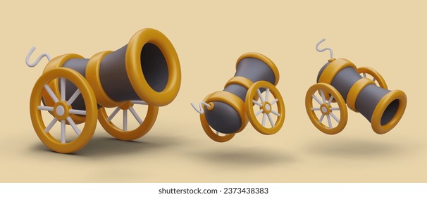 Poster mit realistischer 3D-Kanone in unterschiedlicher Position auf gelbem Hintergrund. Ancient Corsair Kanon Computer Piratenspiel. Vektorgrafik im 3D-Stil