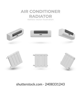 Poster with realistic air conditioner, radiator. Climate devices for home concept. Battery heater in different positions. Vector illustration in 3d style