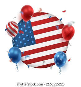 Poster with realistic American colors balloons, ribbons, serpentine, confetti and paper cut circles with USA flag. Vector illustration for card, party, design, flyer, banner, web, advertising. 