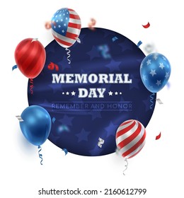 Poster with realistic American colors balloons, ribbons, serpentine, confetti and paper cut circles with USA blue stars. Vector illustration for card, party, design, flyer, banner, web, advertising. 