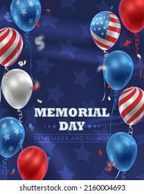 Poster with realistic balloons in American, USA color and ribbons, serpentine, confetti, blue stars. Happy Memorial Day. Vector illustration for card, party, flyer, poster, banner, web, advertising. 