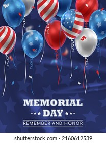 Poster with realistic balloons in American, USA color and ribbons, serpentine, confetti, blue stars. Happy Memorial Day. Vector illustration for card, party, flyer, poster, banner, web, advertising. 