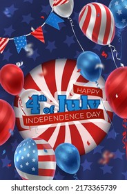 Poster with realistic balloons in American, USA national colors, flags, blue stars. Happy Independence day, 4th of July. Vector illustration for card, party, flyer, poster, banner, web, advertising