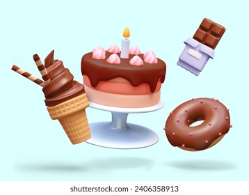 Poster with realistic big cake with chocolate cream, pink decoration, and candle with blue background. Flying ice cream, tasty donut, and chocolate bar. Vector illustration in 3d style