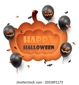 Poster with realistic black balloons, ribbons, bat confetti and red, orange, ginger paper cut pumpkin. Vector illustration for card, Halloween party, design, flyer, poster, banner, web, advertising. 