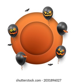 Poster with realistic black balloons, ribbons, bat confetti and red, orange, ginger paper cut circles. Vector illustration for card, Halloween party, design, flyer, poster, banner, web, advertising.