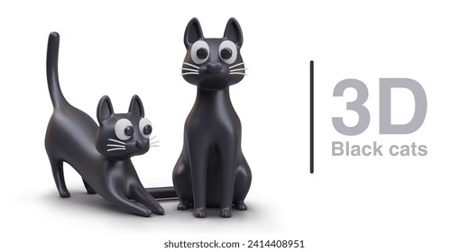 Afiche con gatos negros realistas. Afiche con lindos animales de dibujos animados. Un gato gracioso para Halloween. Ilustración vectorial en estilo 3d con sombra, fondo blanco y lugar para el texto