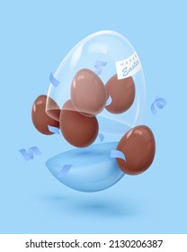 Poster with realistic blue opened glossy egg with glass dome, five chocolate mini eggs, serpentine. Happy Easter poster. Vector illustration for card, party, design, flyer, banner, web, advertising.