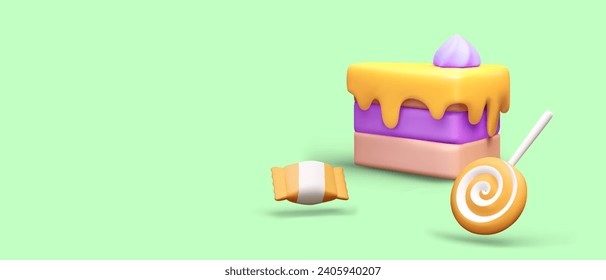 Poster with realistic cake with cream, candy, and caramel lollipop. Placard for store selling sweets with place for text and green background. Vector illustration in 3d style