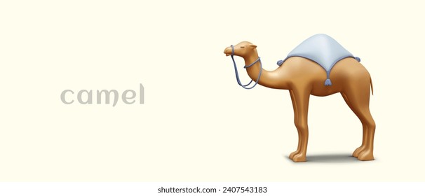 Poster with realistic camel, side view. 3D figurine of humpbacked pack animal. Saddled dromedary. Horizontal web template with space for advertising text